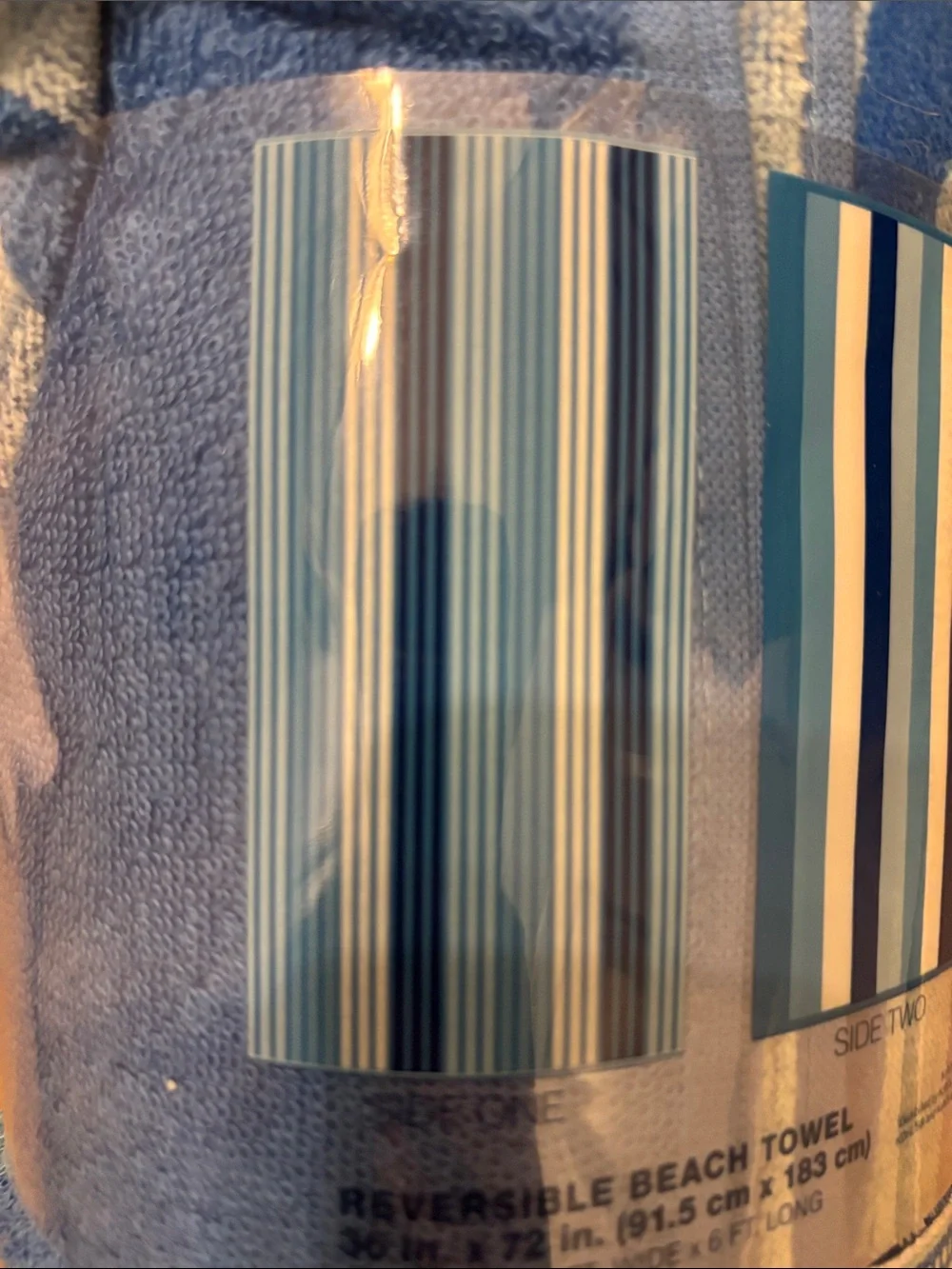 The Big One Reversible Beach Pool Towel - Blue & White Stripes 36in x 72 in new